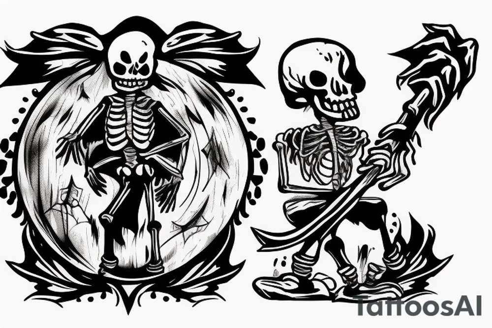 clown skeleton dragging a scythe behind him tattoo idea
