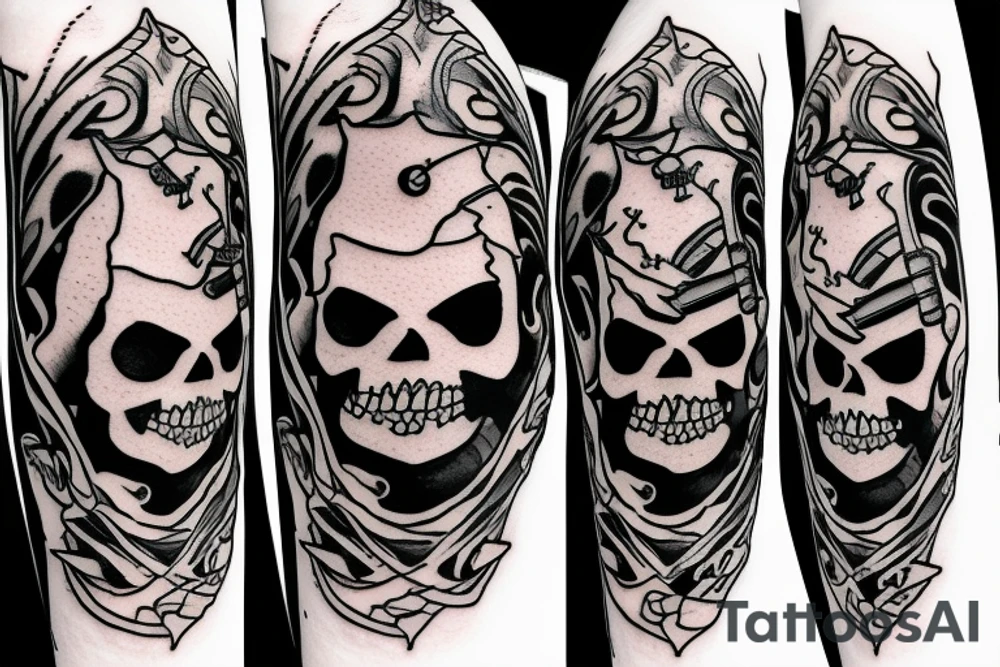 clown skeleton dragging a scythe behind him tattoo idea