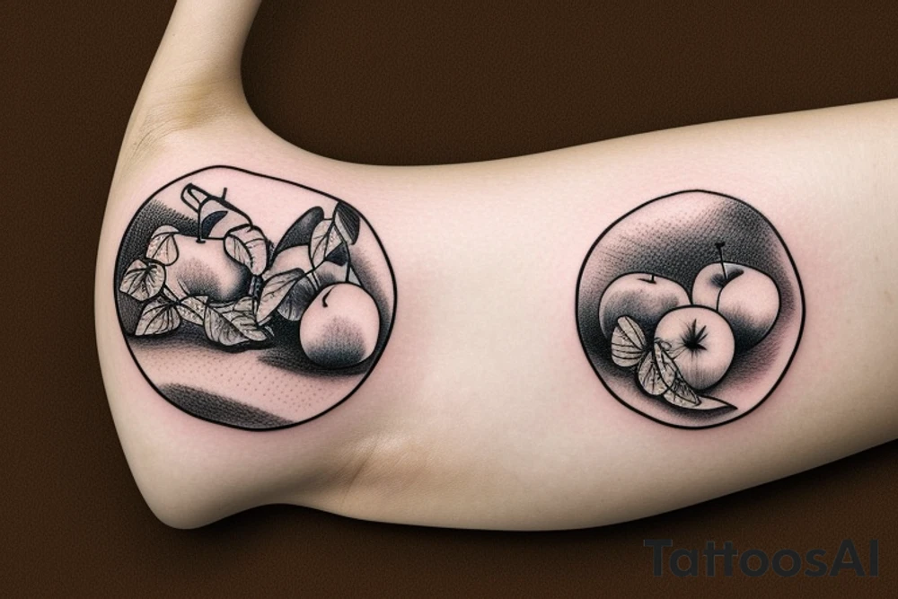 A bridge arching over an apple on the way to school tattoo idea