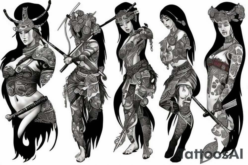 Viking goddess fighting samurai princess tattoo idea