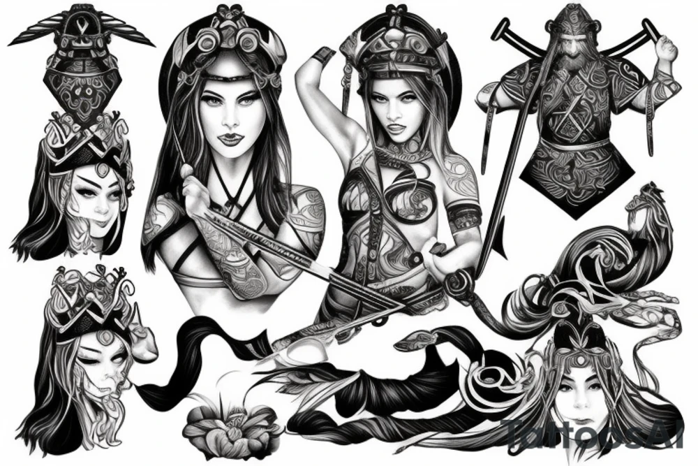 Viking goddess fighting samurai princess tattoo idea