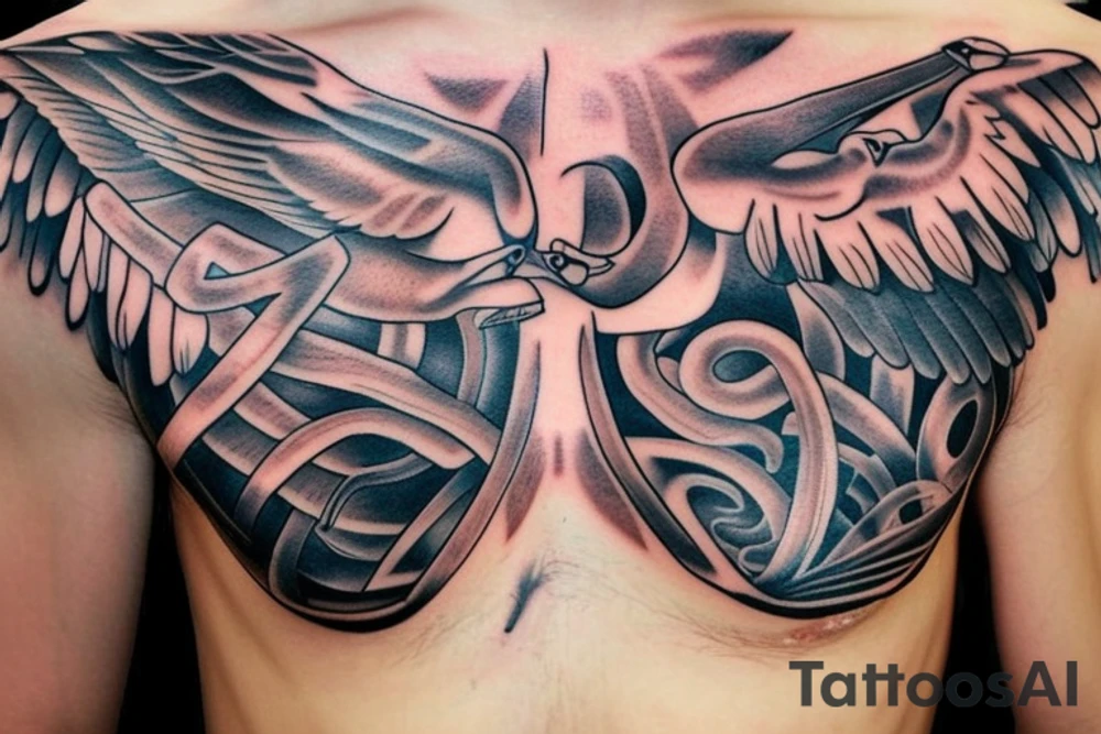 chest tattoo for men, ribbon with birds on side tattoo idea
