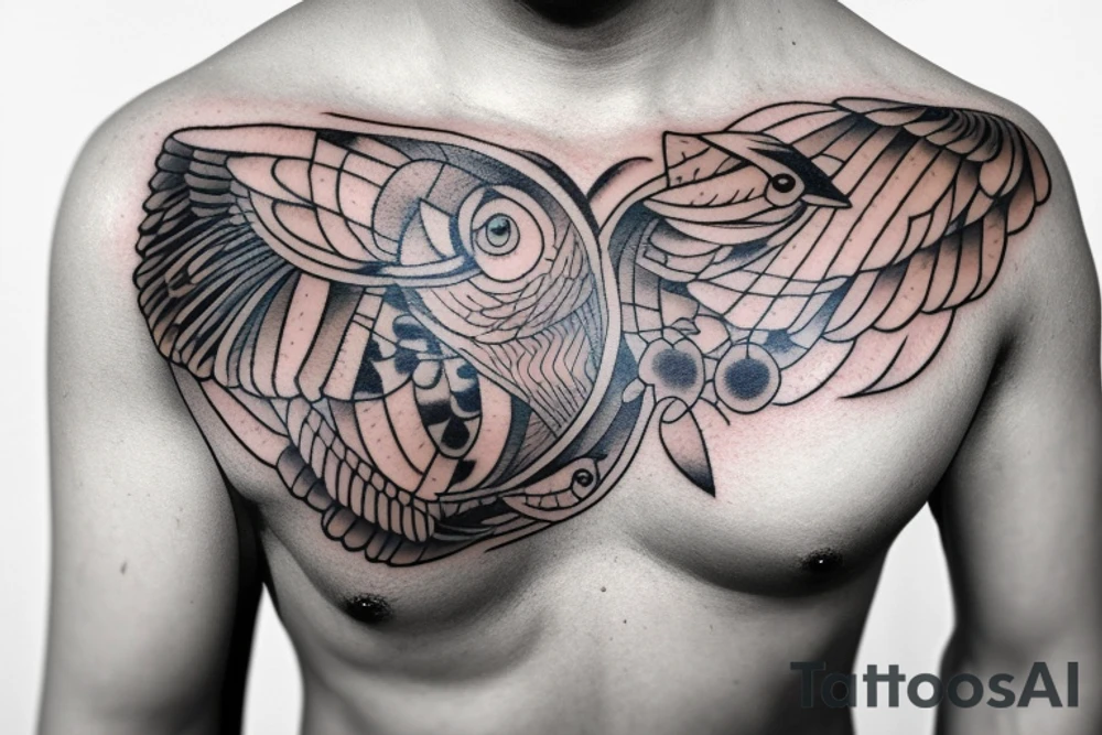 chest tattoo for men, ribbon with birds on side tattoo idea