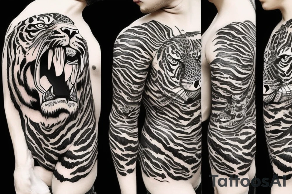 aggressive tiger, sleeve/chest piece tattoo idea