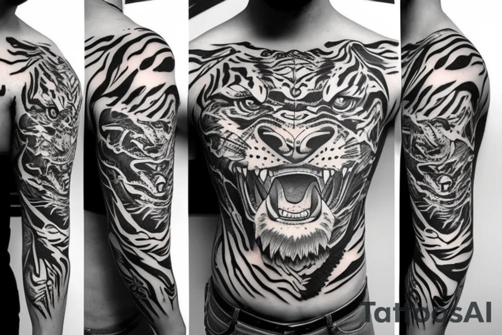 aggressive tiger, sleeve/chest piece tattoo idea