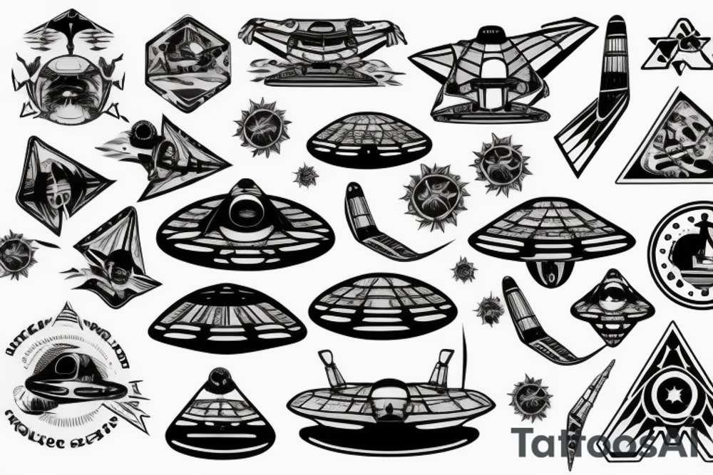 UFO spaceship abducting a skunk works logo
In gemotric patterns tattoo idea