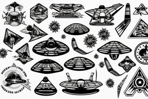 UFO spaceship abducting a skunk works logo
In gemotric patterns tattoo idea