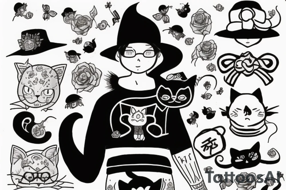 Black cat with a hat and a sweater, full body tattoo idea
