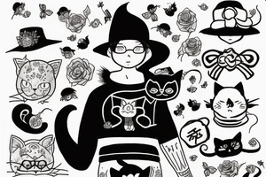 Black cat with a hat and a sweater, full body tattoo idea