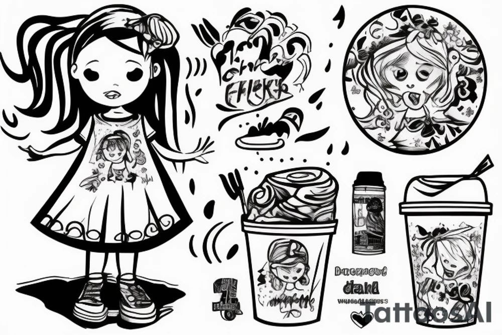 little girl in a dress trying to catch the deluge in a paper cup tattoo idea