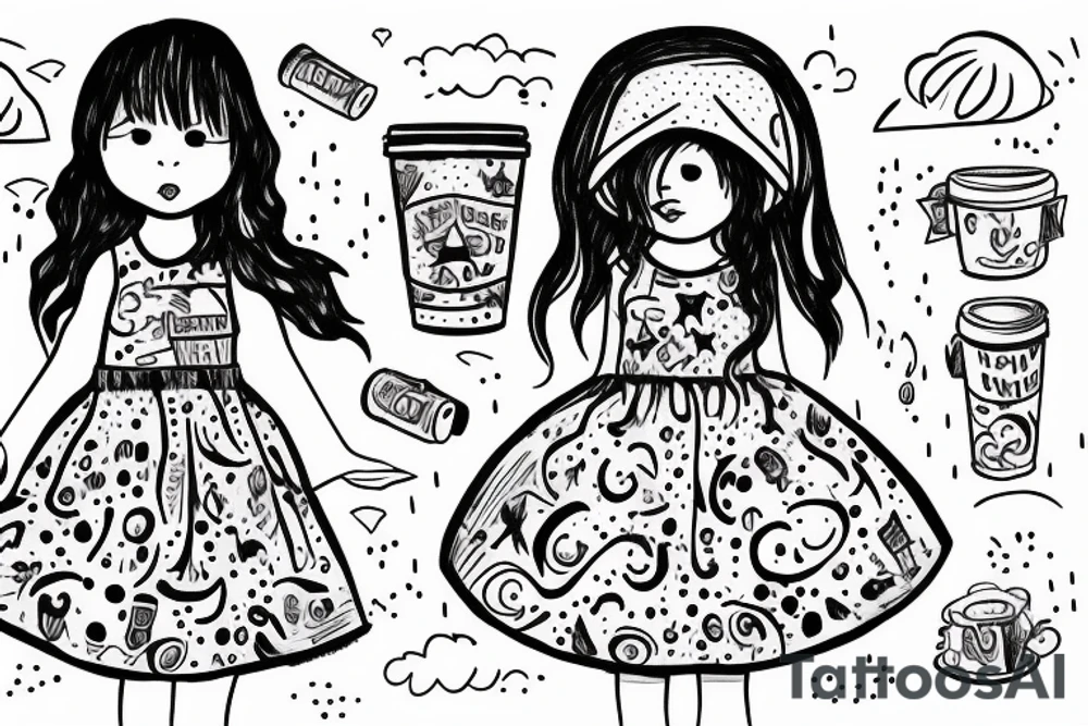 little girl in a dress trying to catch the deluge in a paper cup tattoo idea