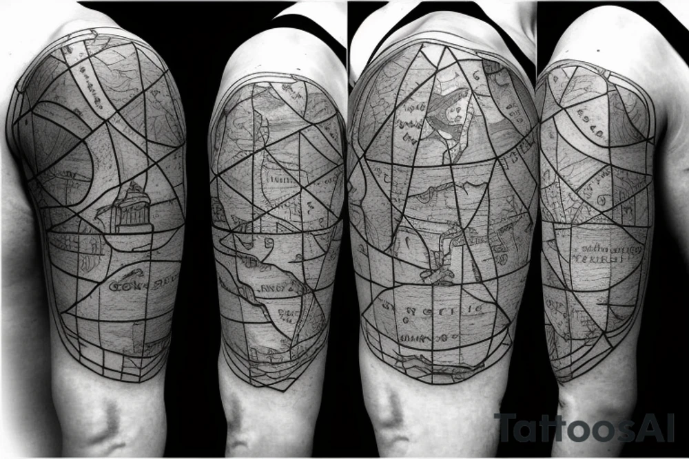 Compass with a map of Gothenburg behind it and Farvahar above them tattoo idea