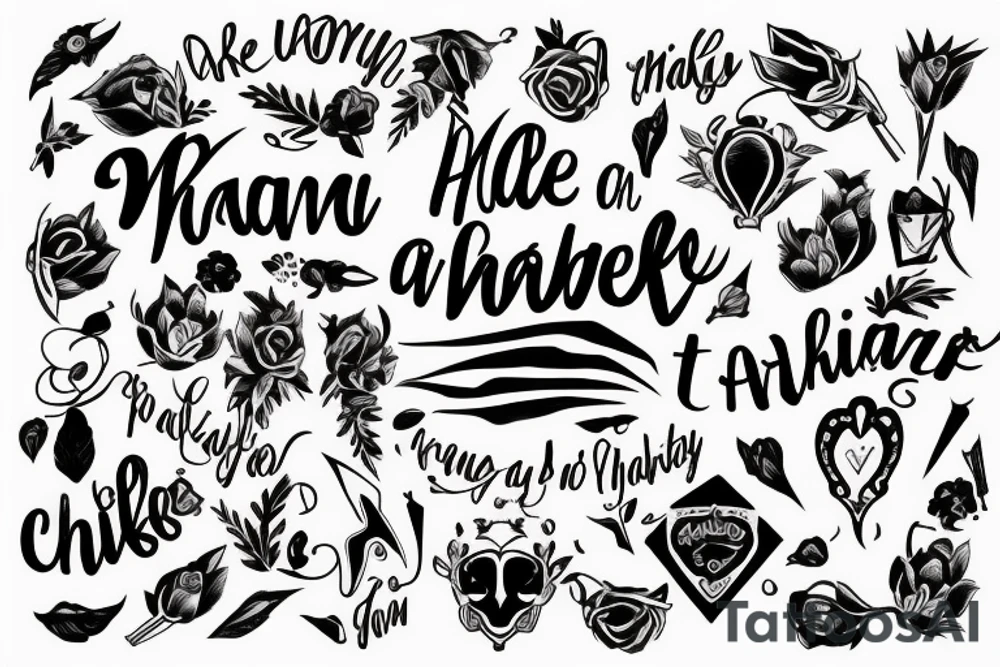 make a tattoo which should include the names Sheyna, Roman, Gabriel, Devid thanking them for all what they've done for you and that you thankful for ever. tattoo idea