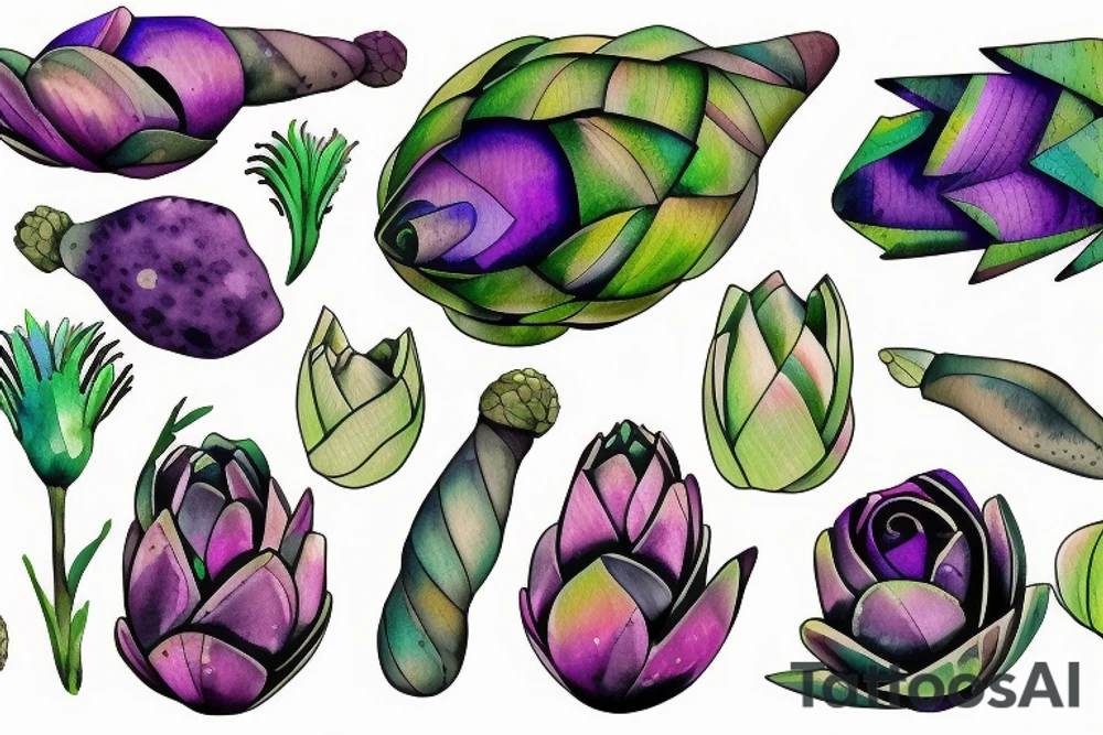 artichoke and below fig green and purple tattoo idea