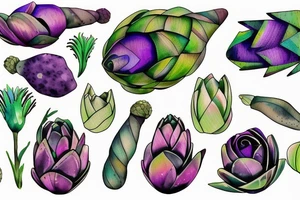 artichoke and below fig green and purple tattoo idea