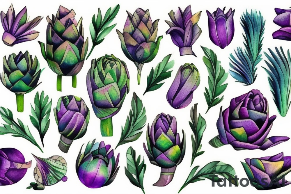 artichoke and below fig green and purple tattoo idea