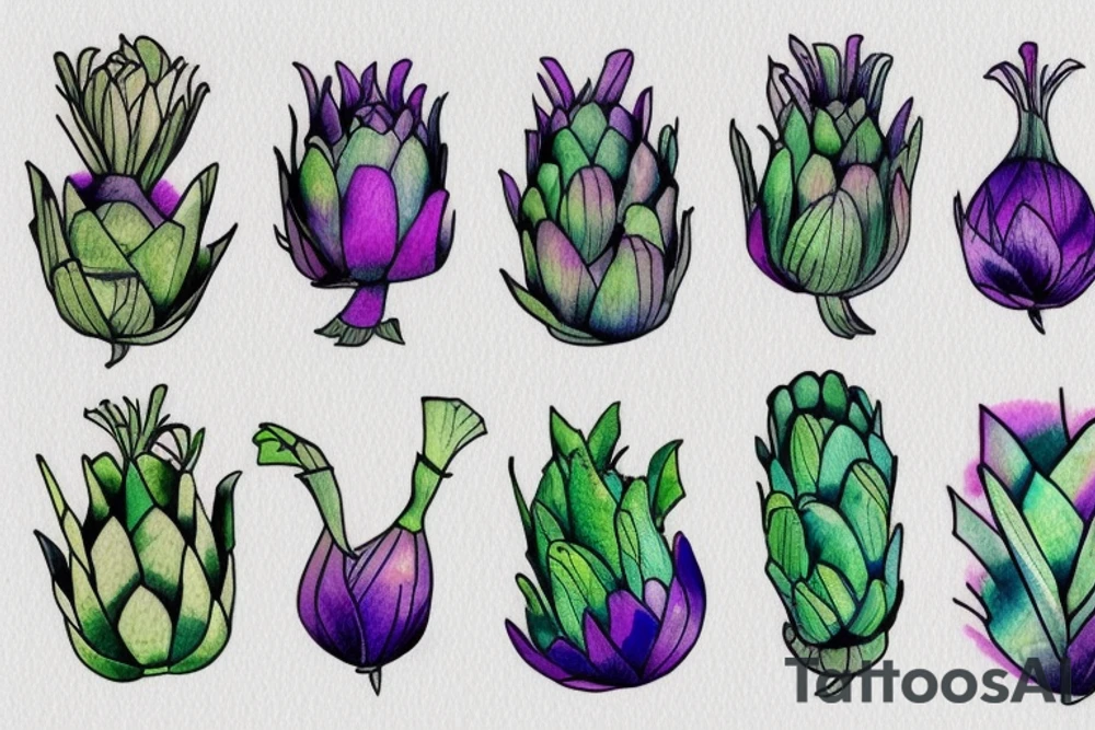 artichoke and below fig green and purple tattoo idea