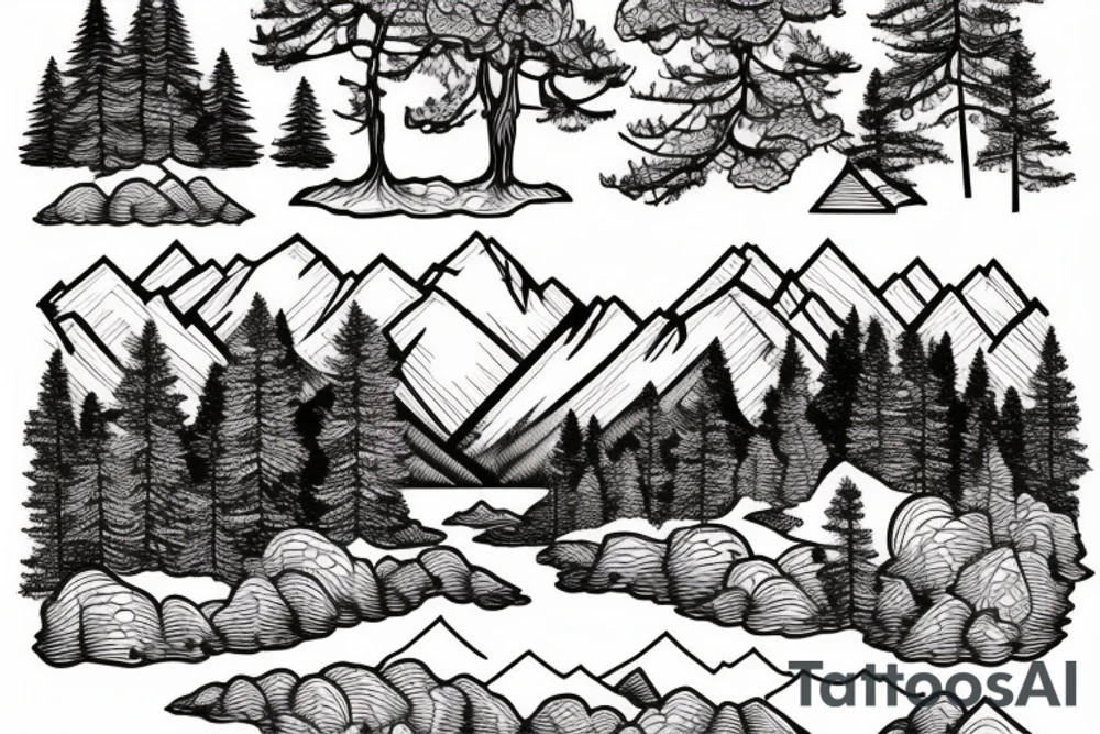 Mountain Landscape with trees and river between them. tattoo idea Mountain Landscape with trees and river between them. tattoo idea
