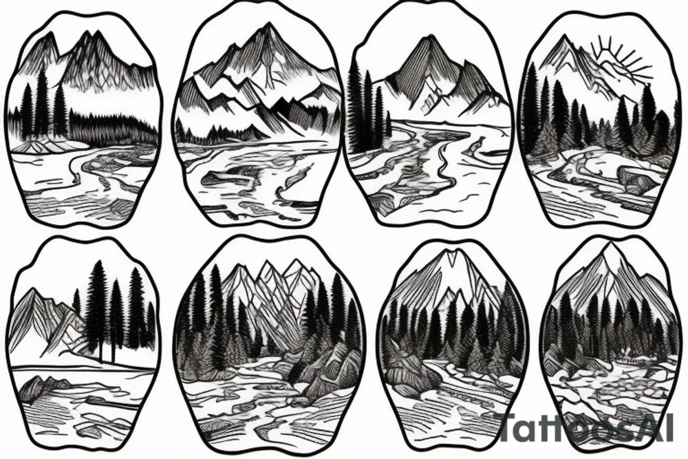 Mountain Landscape with trees and river between them. tattoo idea Mountain Landscape with trees and river between them. tattoo idea