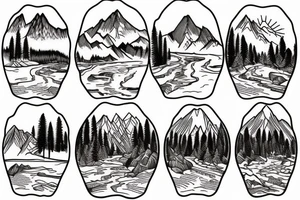 Mountain Landscape with trees and river between them. tattoo idea
