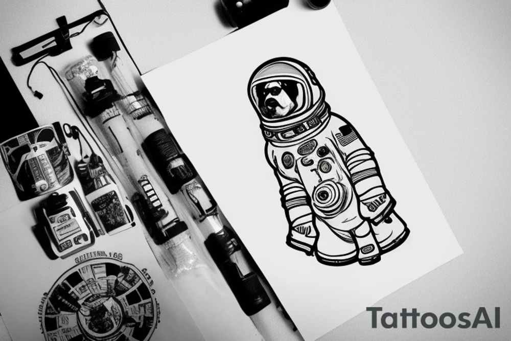 Dog wearing a spacesuit and standing on a banana. tattoo idea