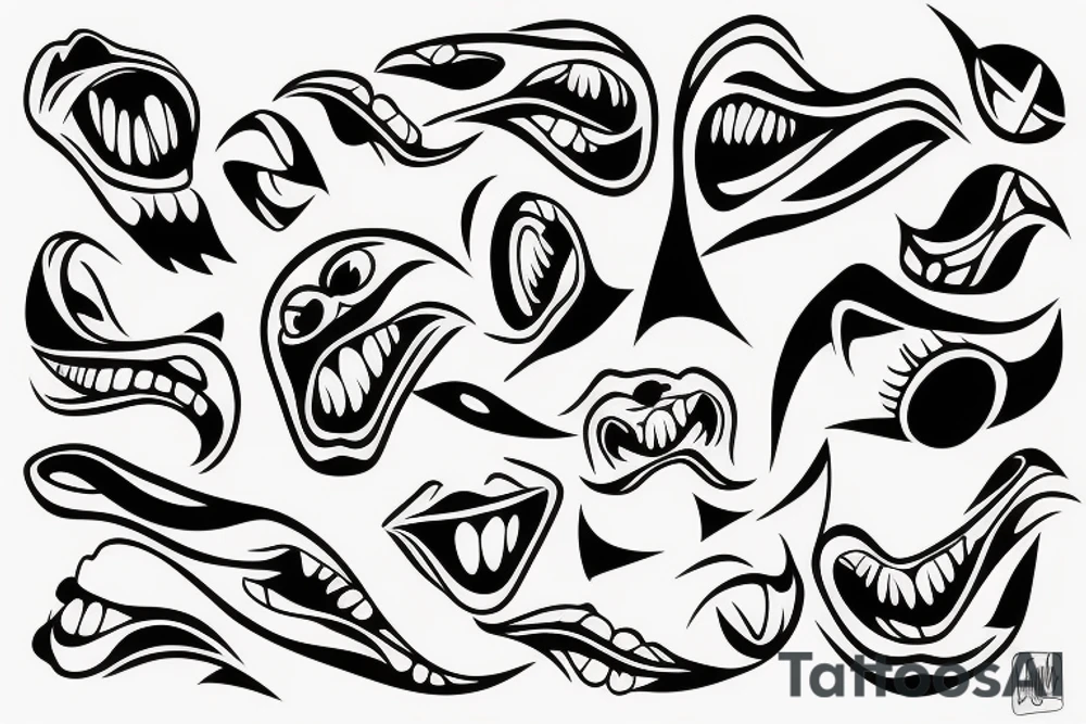 Mouths in blackwork but in abstract style multiple mouths tattoo idea