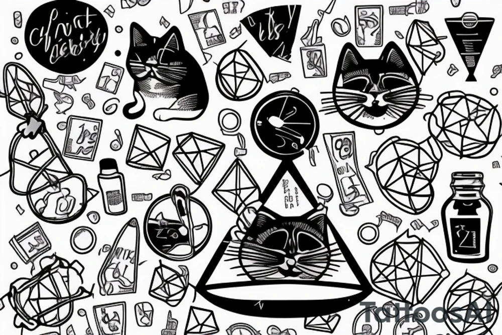 chubby cat is pulling up under the chemical formula of serotonin next to the hourglass details geometry tattoo idea