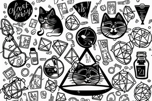 chubby cat is pulling up under the chemical formula of serotonin next to the hourglass details geometry tattoo idea