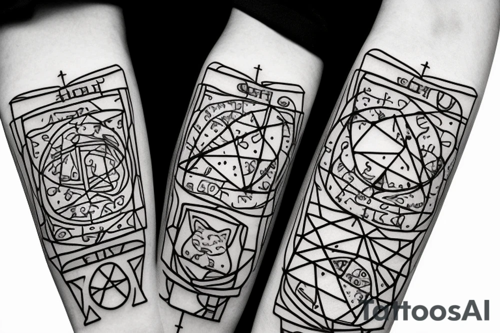 chubby cat is pulling up under the chemical formula of serotonin next to the hourglass details geometry tattoo idea