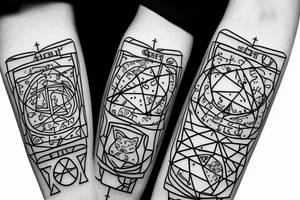 chubby cat is pulling up under the chemical formula of serotonin next to the hourglass details geometry tattoo idea