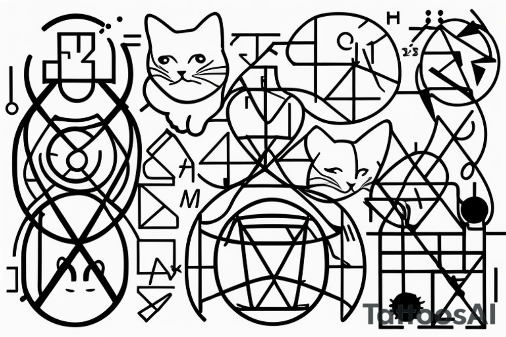 chubby cat is pulling up under the chemical formula of serotonin next to the hourglass details geometry tattoo idea