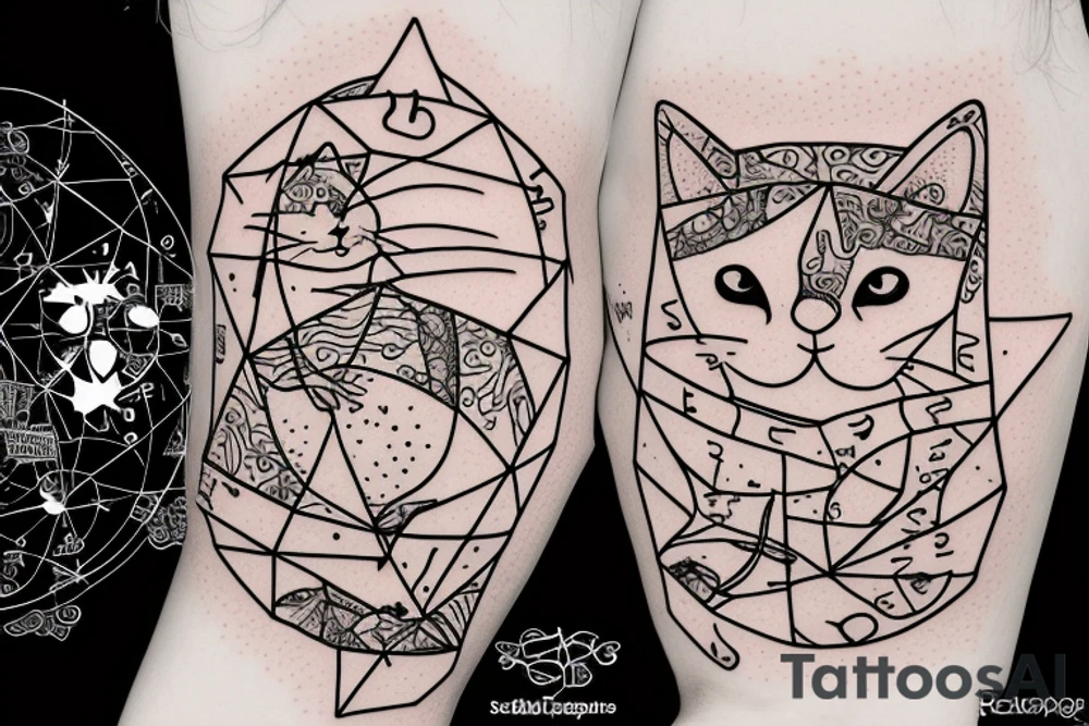 chubby cat is pulling up under the chemical formula of serotonin next to the hourglass details geometry tattoo idea