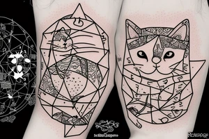 chubby cat is pulling up under the chemical formula of serotonin next to the hourglass details geometry tattoo idea