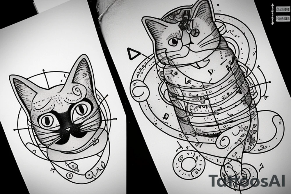chubby cat is pulling up under the chemical formula of serotonin next to the hourglass details geometry tattoo idea