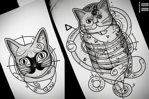 chubby cat is pulling up under the chemical formula of serotonin next to the hourglass details geometry tattoo idea
