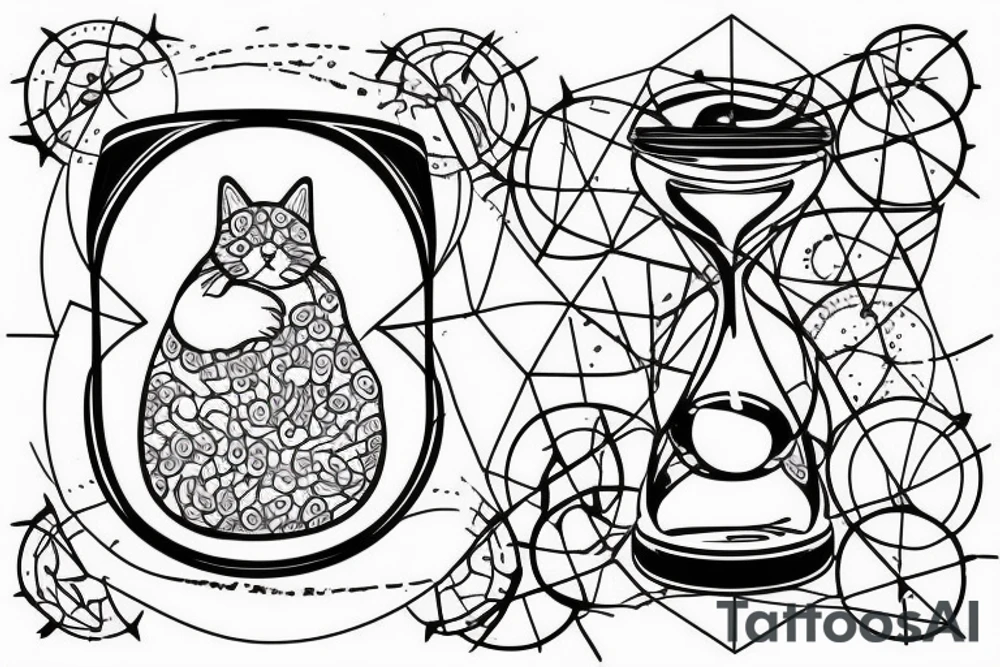 chubby cat is pulling up under the chemical formula of serotonin next to the hourglass details geometry tattoo idea