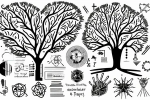 Science theme dna tree brain future technologies heart words books wisdom philosophy art languages tattoo idea