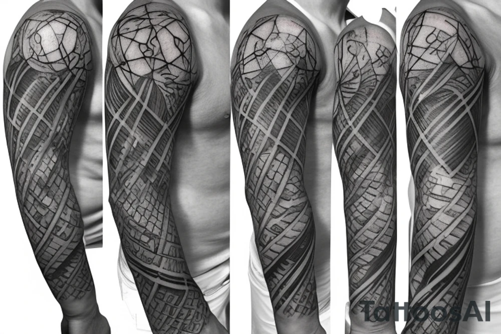 Sleeve tattoo Science theme DNA tree brain future technologies heart words books wisdom philosophy art languages tattoo idea