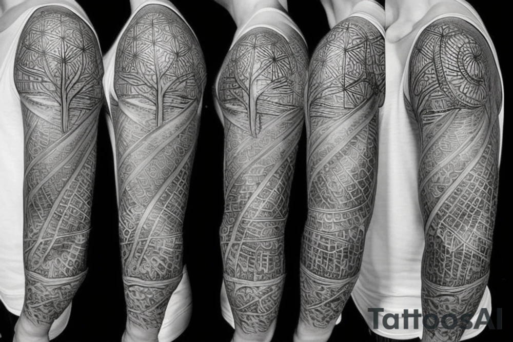 Sleeve tattoo Science theme DNA tree brain future technologies heart words books wisdom philosophy art languages tattoo idea
