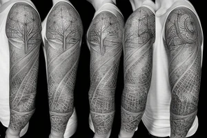 Sleeve tattoo Science theme DNA tree brain future technologies heart words books wisdom philosophy art languages tattoo idea
