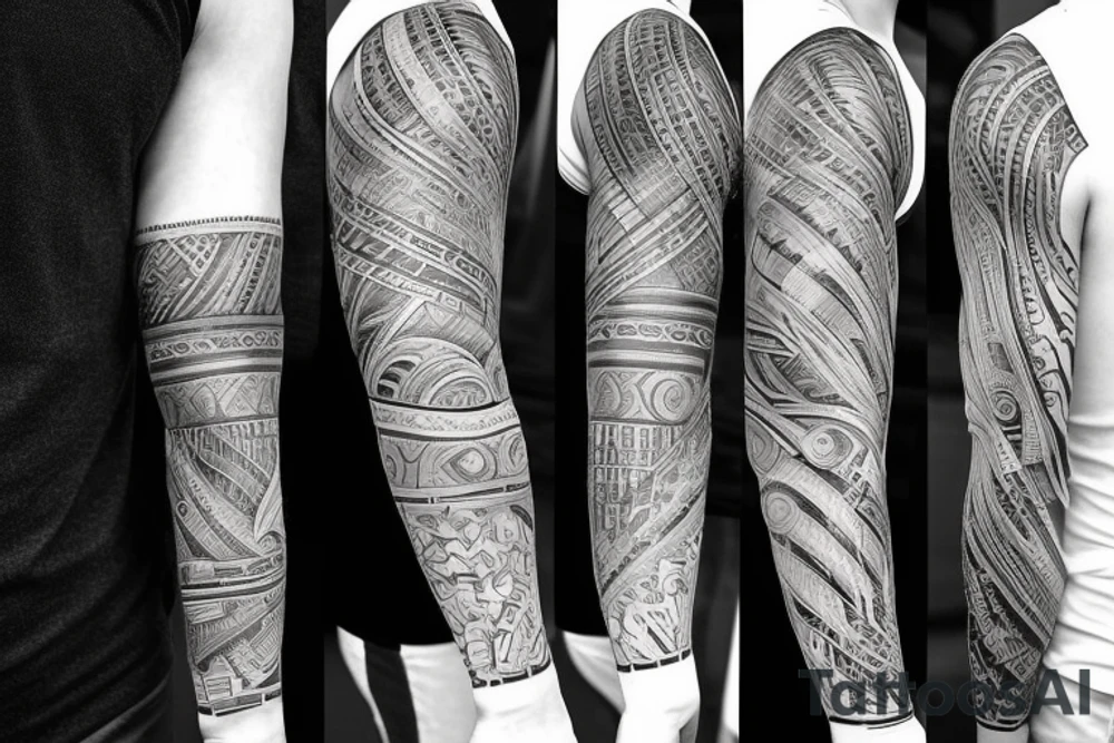 Sleeve tattoo Science theme DNA tree brain future technologies heart words books wisdom philosophy art languages mathematics physics numbers geometries programming code tattoo idea