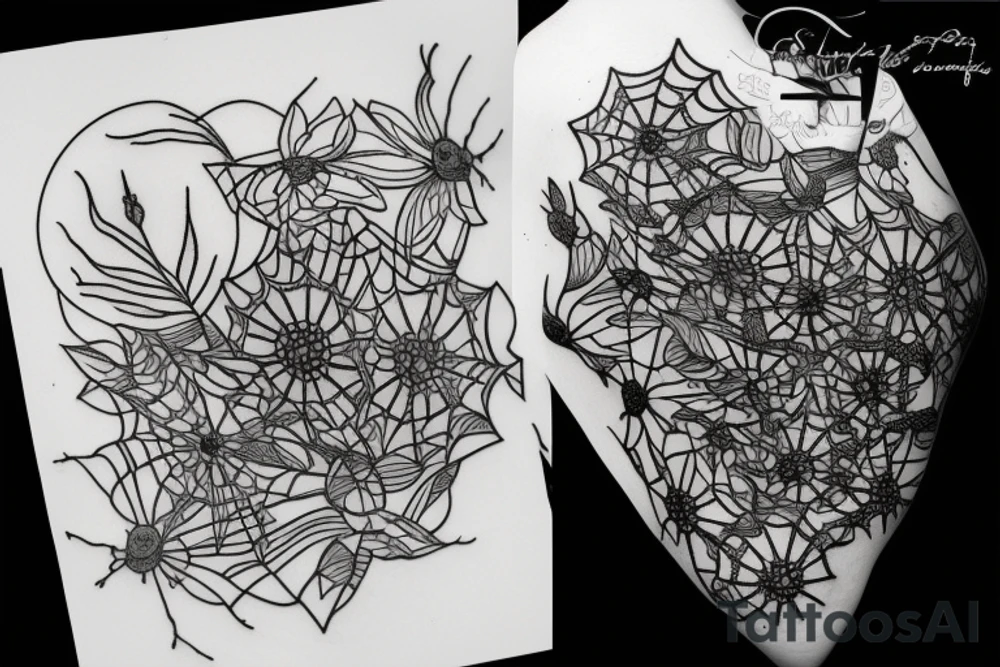 flower bouquet with spider webs tattoo idea