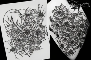 flower bouquet with spider webs tattoo idea