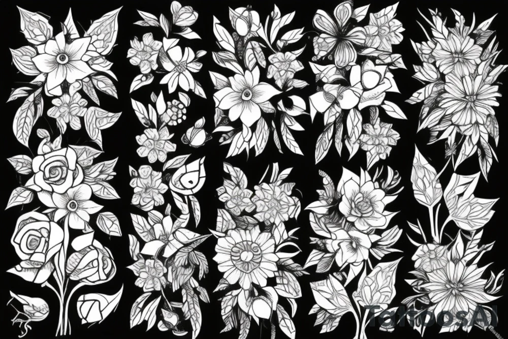 flower bouquet with spider webs tattoo idea