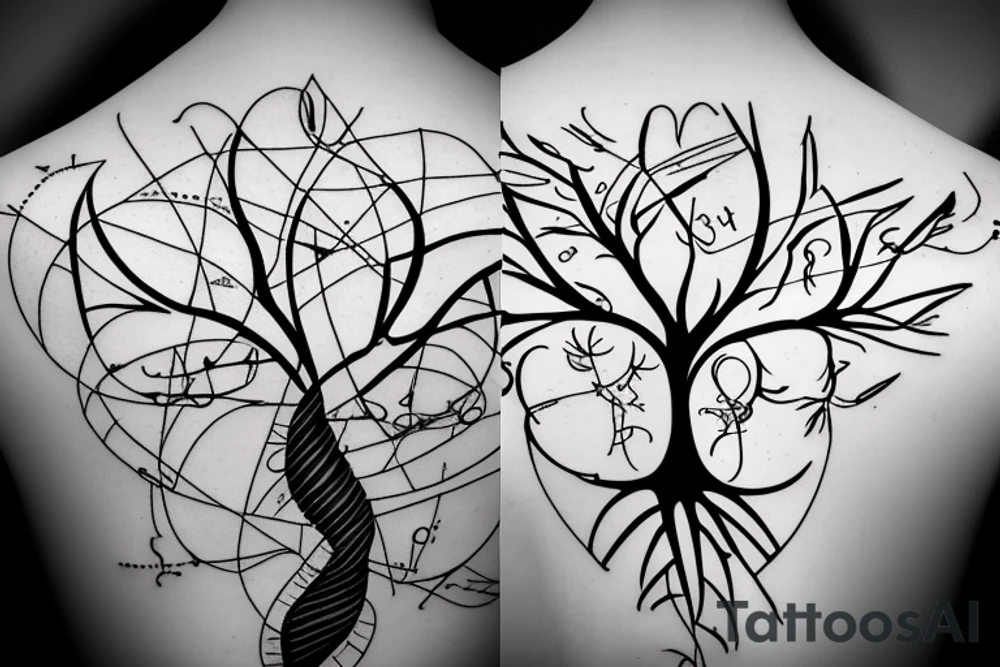 science theme dna tree brain future technologies heart words books wisdom philosophy art languages mathematics physics numbers geometries programming code tattoo idea