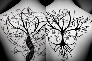 science theme dna tree brain future technologies heart words books wisdom philosophy art languages mathematics physics numbers geometries programming code tattoo idea