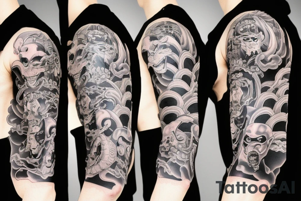 Japanese style devil mask ninja sleeve tattoo idea