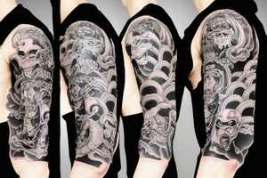 Japanese style devil mask ninja sleeve tattoo idea