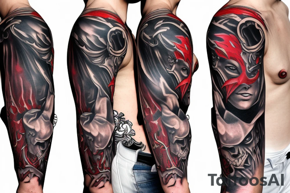 devil mask ninja sleeve tattoo idea