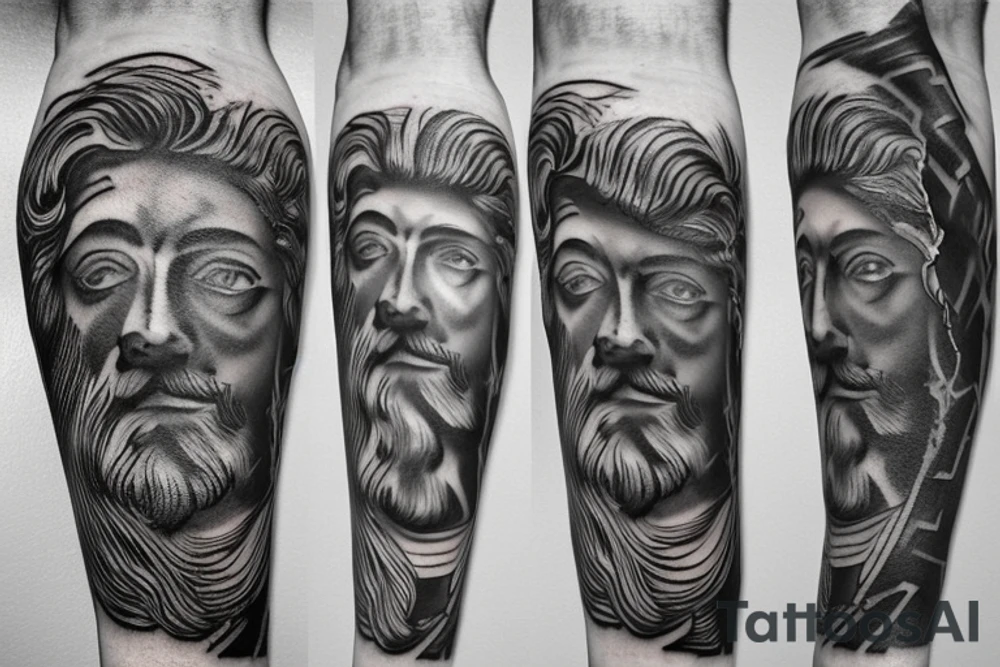 black and white realism greek zeus statue with lightning forearm tattoo tattoo idea